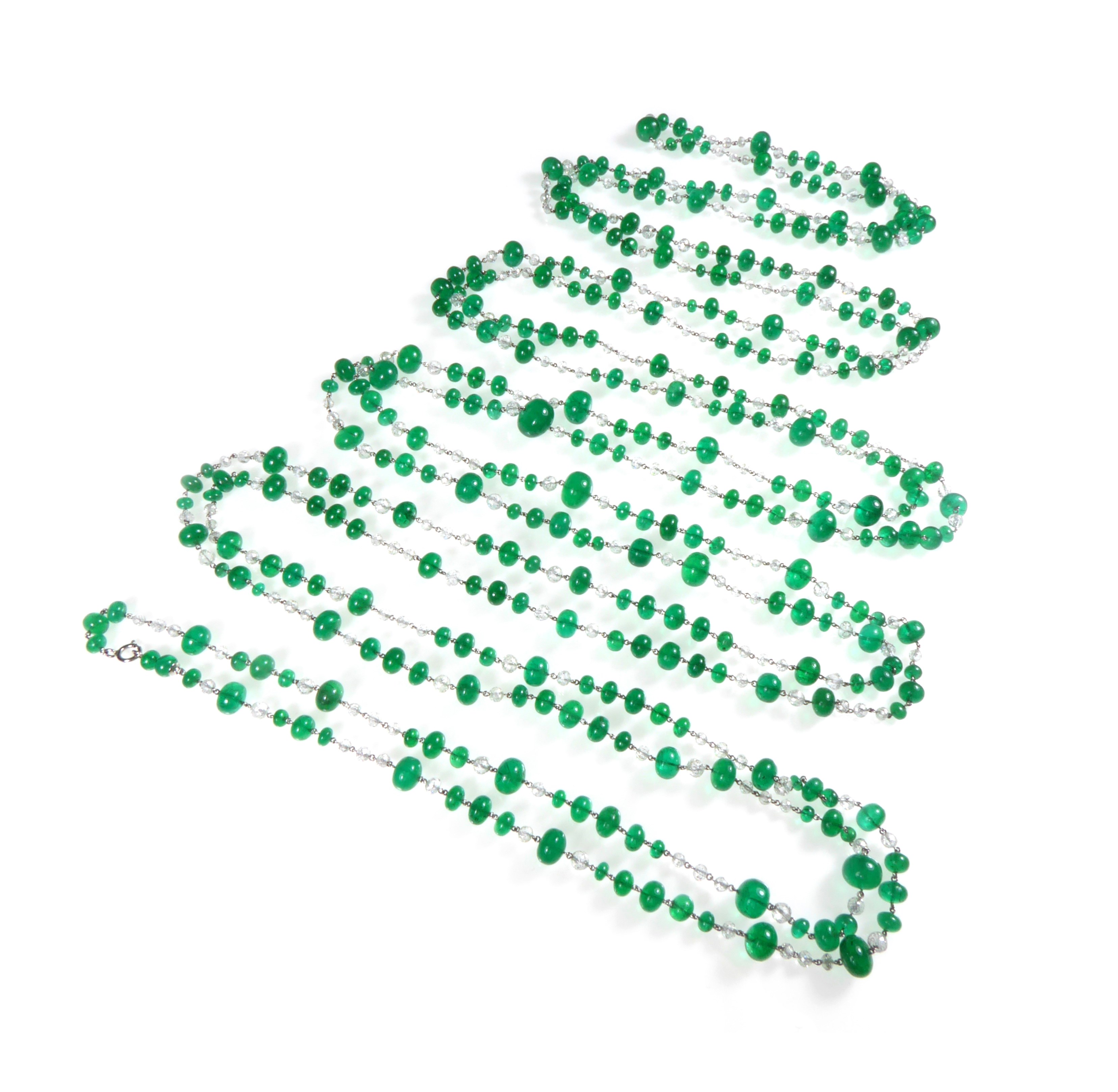 Emerald bead and diamond long chain necklace